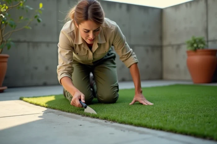 Femme découpant du gazon synthétique avec un cutter le long d'un bord en béton sur une terrasse urbaine