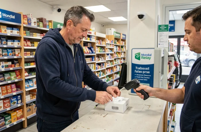 Homme déposant un colis dans un point relais Mondial Relay chez un commerçant avec scan du code-barres