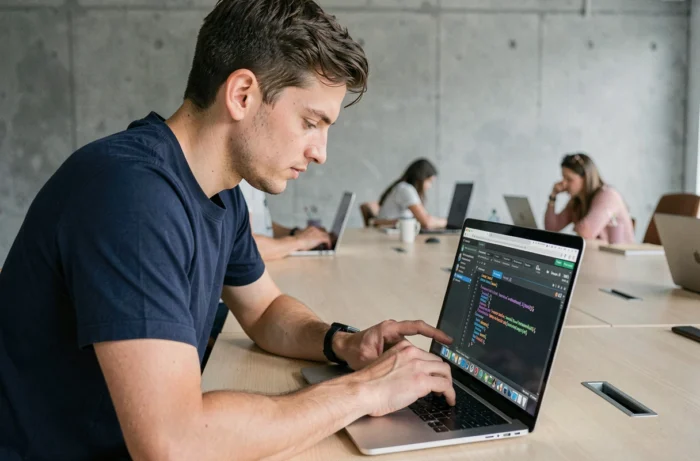 Jeune développeur utilisant les outils de développement d'un navigateur pour inspecter le code HTML d'une page web dans un espace de coworking