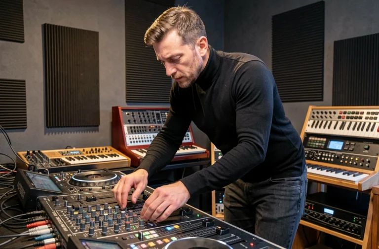 DJ français professionnel travaillant sur sa signature sonore dans un studio d'enregistrement moderne avec console de mixage et synthétiseurs
