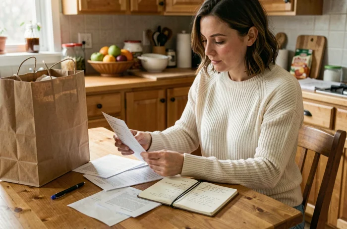 Mère de famille assise à la table de cuisine, comparant des tickets de caisse et notant son budget familial dans un carnet