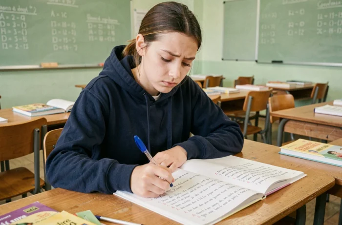 Jeune élève conjuguant le verbe partir au présent dans un cahier de grammaire française en classe