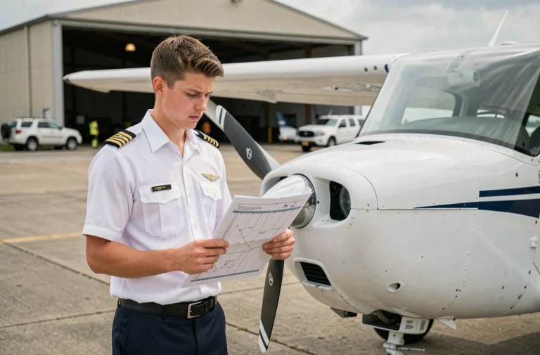 Élève pilote en chemise blanche avec épaulettes étudiant un plan de vol devant un avion d'entraînement Cessna sur le tarmac d'une école de pilotage
