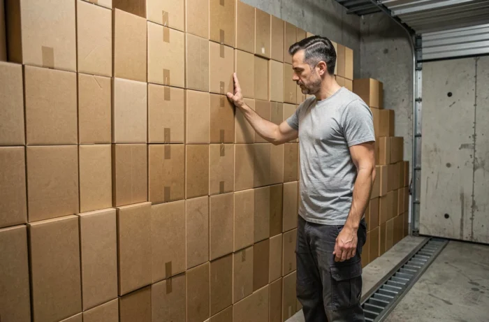 Homme empilant des cartons de taille identique jusqu'au plafond d'un box de stockage pour optimiser l'espace