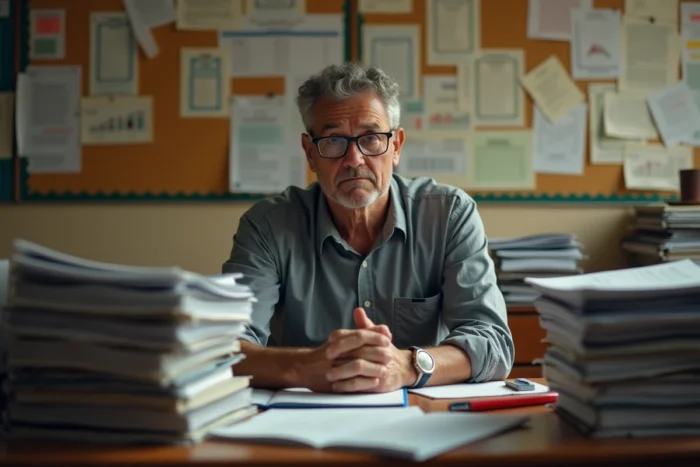 Enseignant épuisé corrigeant des copies dans une salle des professeurs encombrée représentant la surcharge administrative