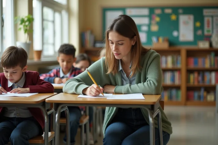 Jeune enseignante aidant individuellement un élève dans une classe primaire diversifiée illustrant les défis de l'inclusion scolaire