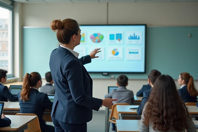 Enseignante devant un tableau numérique interactif dans une salle de classe moderne illustrant les défis pédagogiques actuels