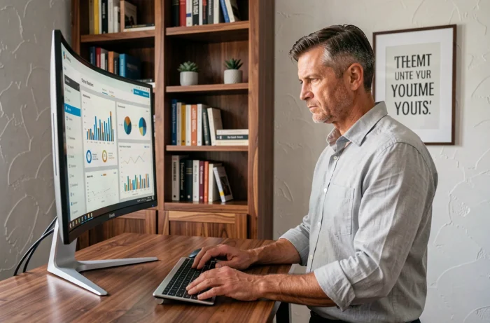 Entrepreneur masculin concentré analysant des tableaux de bord stratégiques sur grand écran dans un bureau à domicile élégant