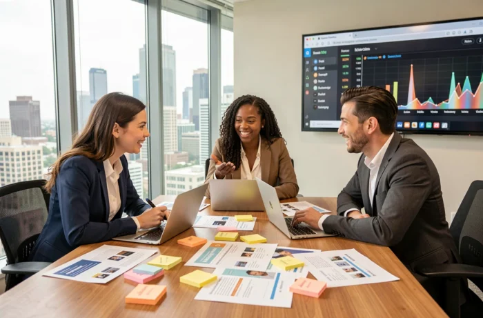 Équipe marketing collaborative discutant de stratégies de communication digitale autour d'une table de réunion avec des données analytiques