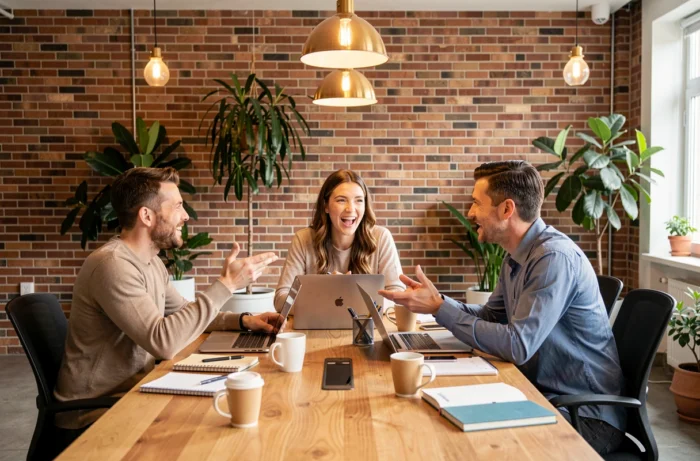 Équipe de professionnels en réunion de brainstorming dans un espace de co-working moderne et collaboratif