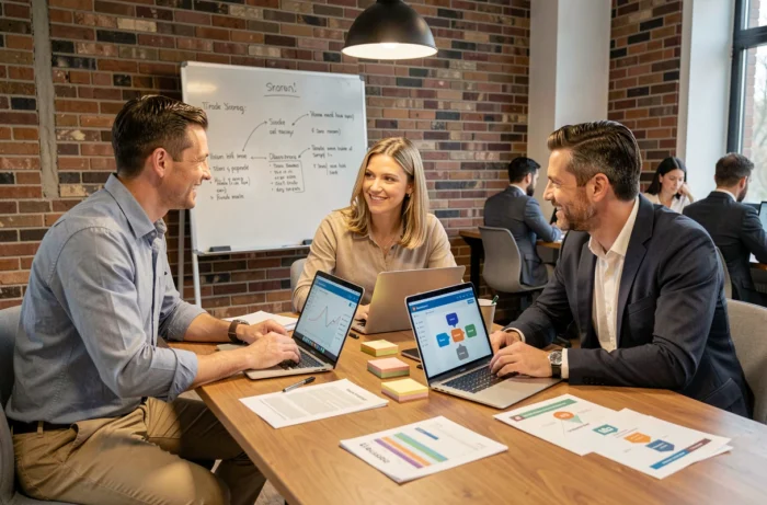 Équipe de professionnels en réunion autour d'une table avec des rapports et des ordinateurs portables lors d'une session de stratégie marketing B2B