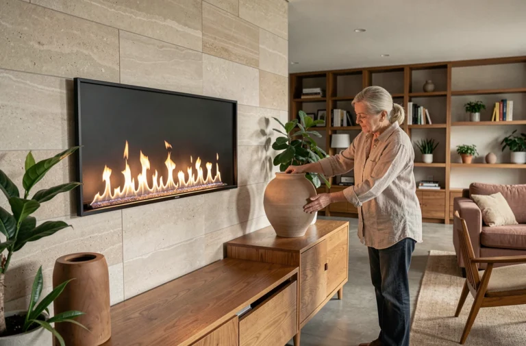 Salon moderne avec équipement Archiflam intégré dans un mur en pierre, femme ajustant un vase en céramique sur une console en bois