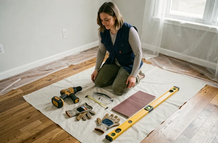 Femme préparant son équipement de bricolage avec perceuse, gants et outils de mesure posés sur une bâche au sol