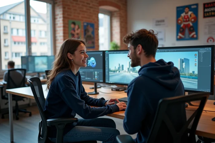 Étudiante et étudiant international travaillant en anglais sur un projet d'animation 3D dans le campus ESMA de Lyon