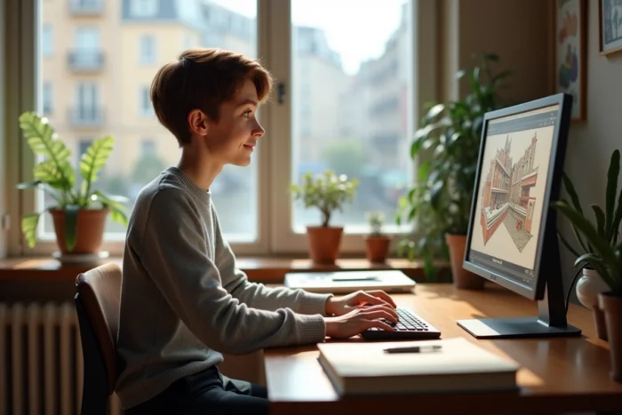 Étudiant en animation 3D travaillant seul dans un studio convivial du campus ESMA de Nantes avec vue sur la ville