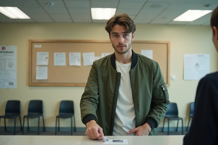 Étudiant se renseignant auprès d'un guichet administratif Crous pour obtenir son numéro CVE