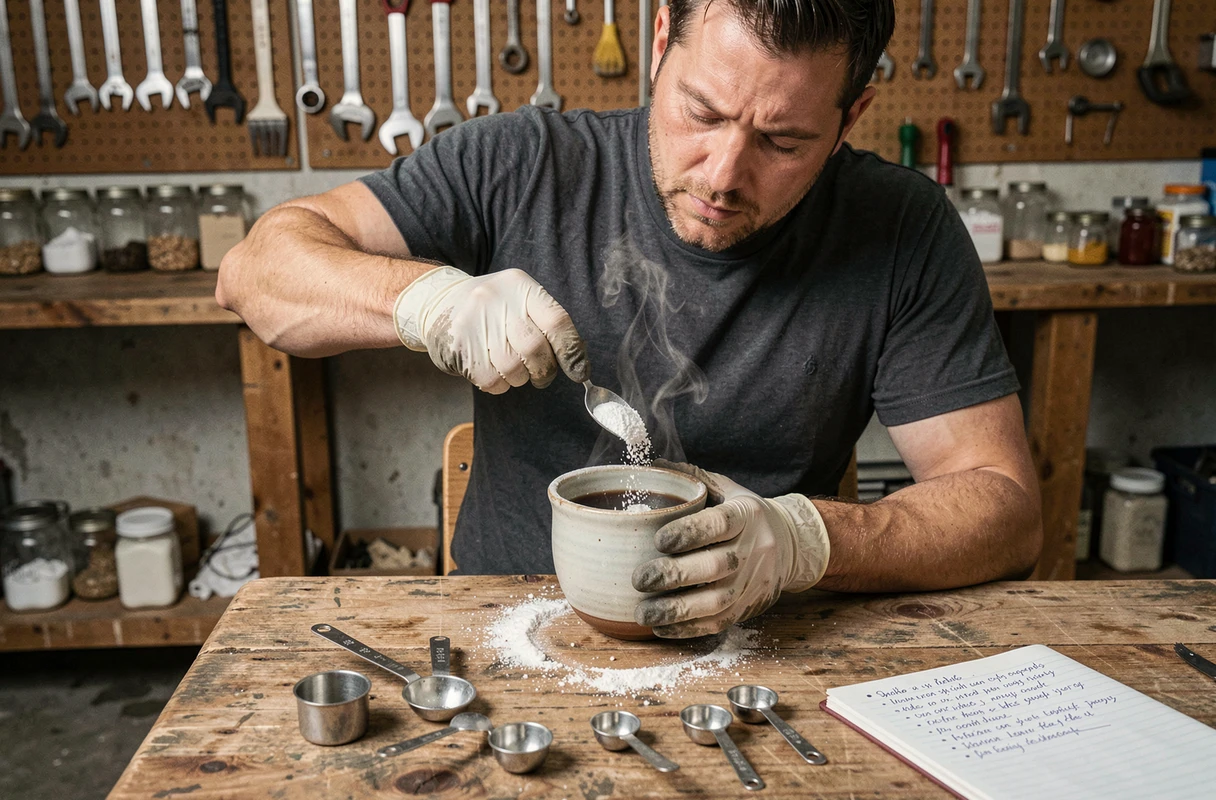 Homme mélangeant du bicarbonate pour créer de la fumée dans un atelier de bricolage