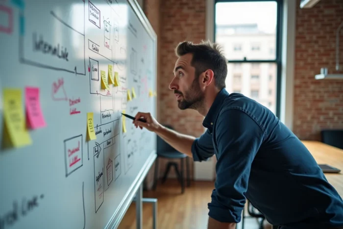 Expert SEO dessinant une architecture de liens et backlinks sur un tableau blanc dans une salle de réunion agence