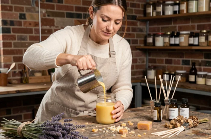 Femme versant de la cire de soja fondue dans un bocal en verre pour fabriquer des bougies naturelles maison sur une table en bois rustique