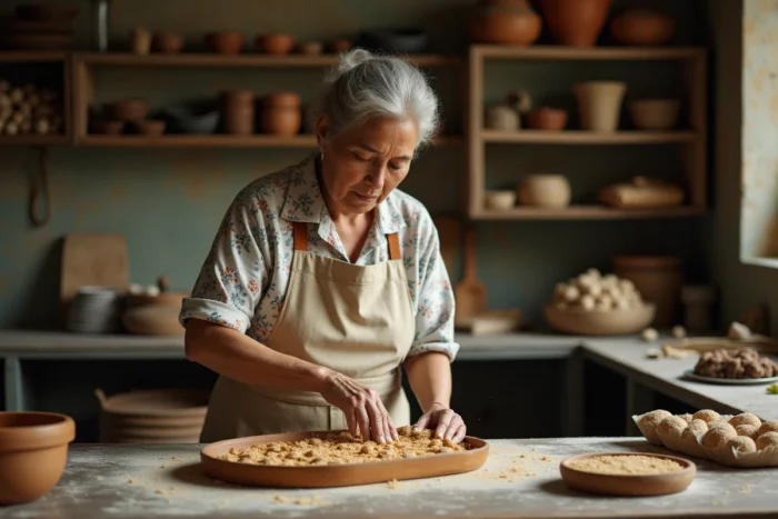 Femme brésilienne en tablier préparant de la paçoca maison en pressant la pâte de cacahuètes dans un moule en bois dans une cuisine traditionnelle