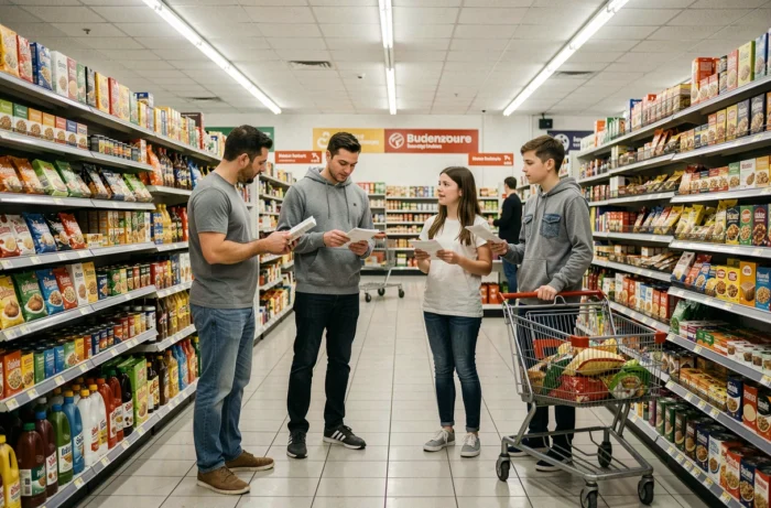 Famille de quatre personnes comparant les prix et les étiquettes de produits dans le rayon d'un supermarché