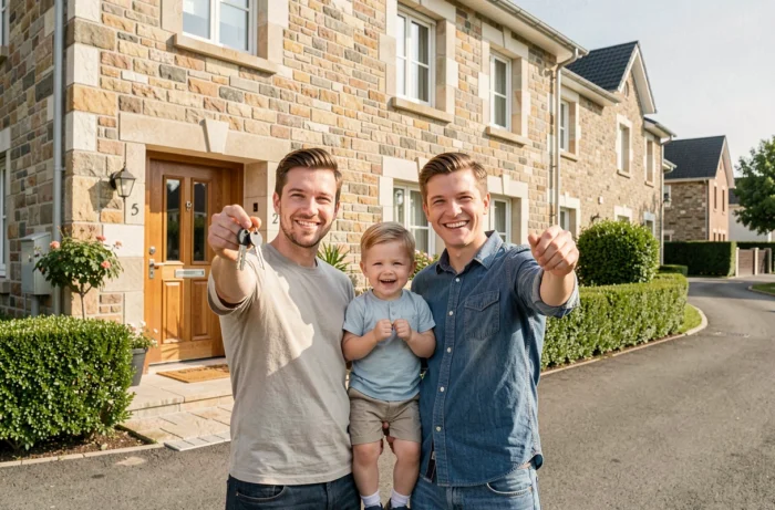 Jeune famille devant leur nouvelle maison après l'obtention d'un crédit immobilier