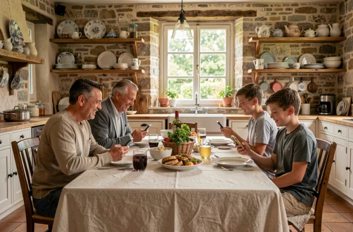 Famille réunie autour d'une table de repas dominical dans une cuisine de maison de campagne française aux murs en pierre apparente