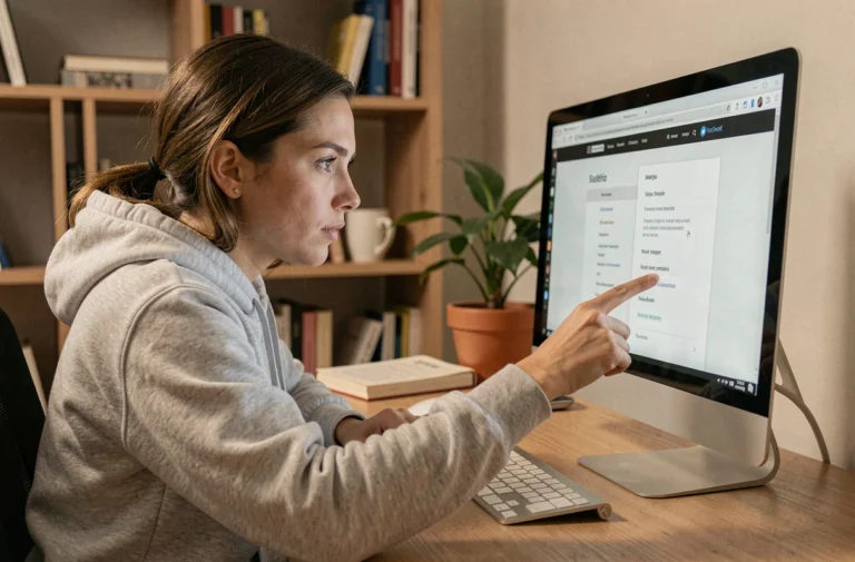 Femme accédant au code source HTML d'une page web en faisant un clic droit sur son ordinateur de bureau à domicile