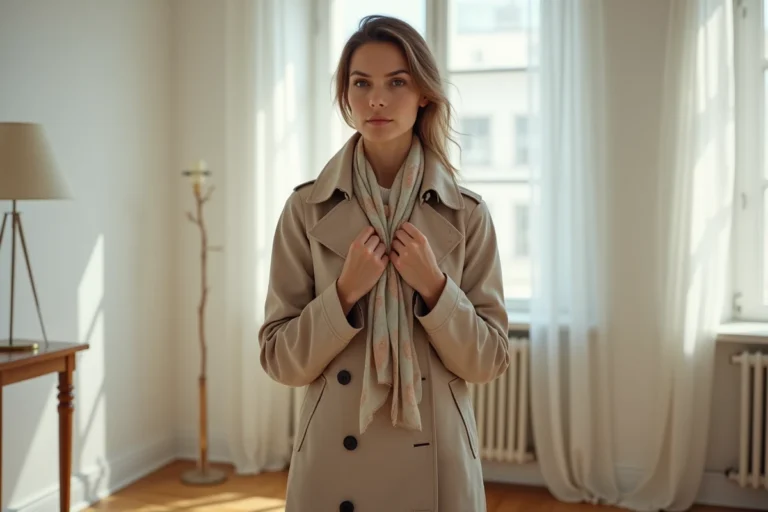 Femme élégante arrangeant un foulard en soie dans un appartement parisien minimaliste, illustrant comment choisir les bons accessoires de mode au quotidien