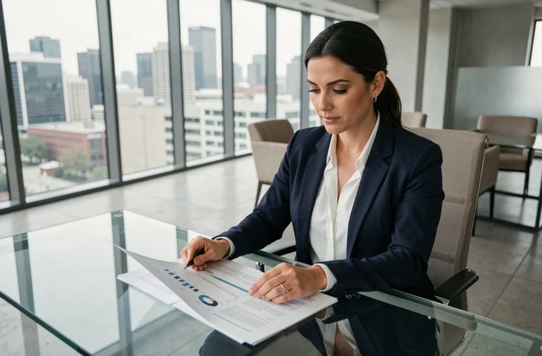 Femme d'affaires professionnelle en blazer marine analysant des rapports dans un bureau moderne avec vue sur la ville