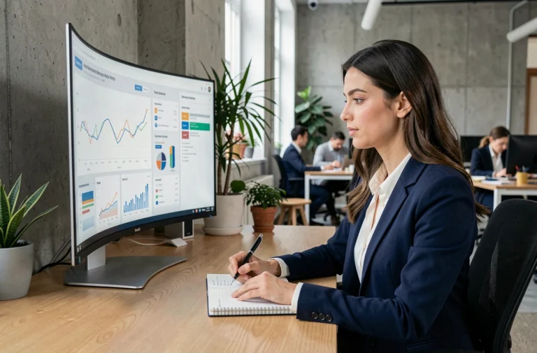 Femme professionnelle analysant des tableaux de bord marketing digital dans un bureau moderne et ouvert