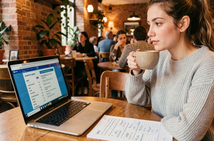 Jeune femme révisant la conjugaison du verbe partir au présent dans un café parisien avec un cahier et un ordinateur