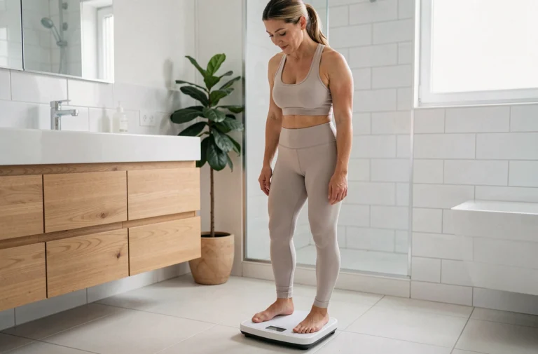 Femme pesant sur une balance dans une salle de bain moderne, illustrant un suivi de perte de poids avec Climaxol