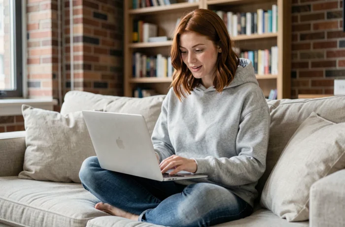 Jeune femme explorant un site de tendances technologiques sur son ordinateur portable dans un appartement urbain