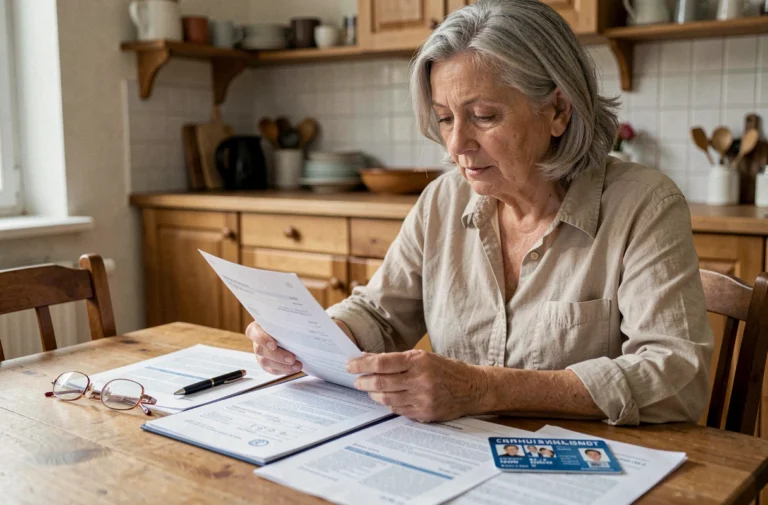 Femme âgée consultant sa carte d'invalidité et des documents fiscaux à domicile pour une exonération d'impôts fonciers
