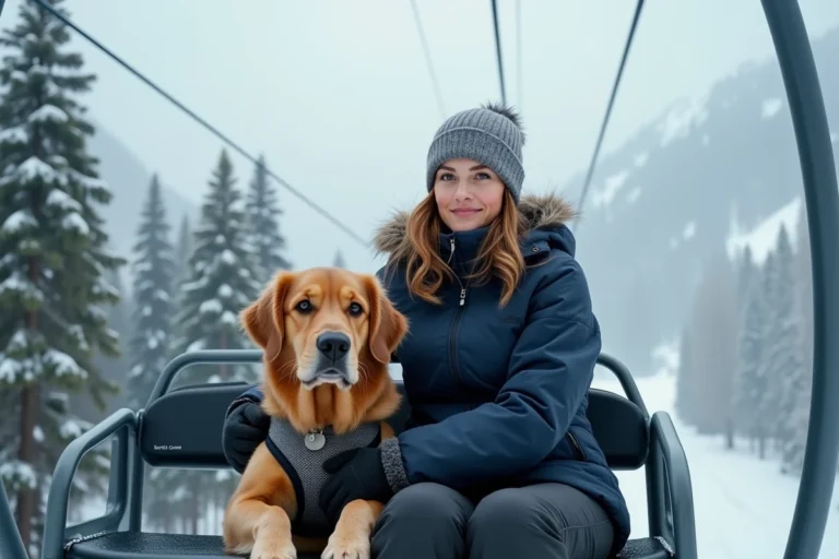 Femme assise sur un télésiège avec son golden retriever en harnais sécurisé, entourée de sapins enneigés en montagne