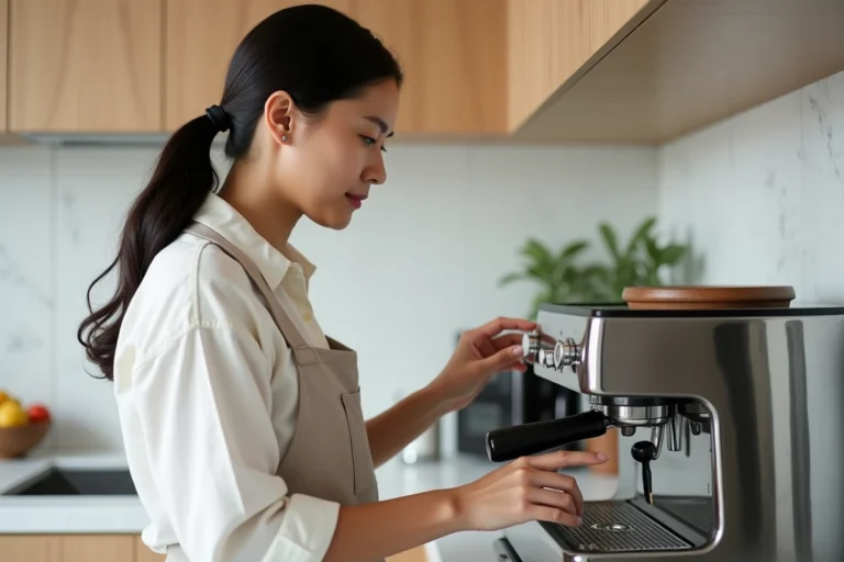 Femme choisissant une machine à café expresso dans une cuisine moderne de style scandinave