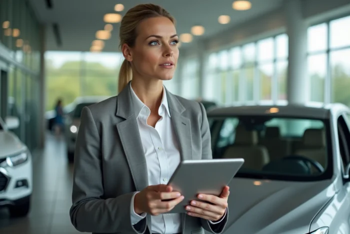 Femme tenant une tablette avec des informations financières devant une voiture neuve dans une concession automobile