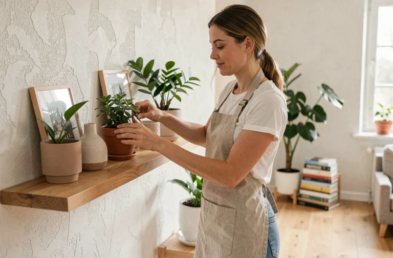 Femme décorant une étagère murale en bois dans un salon au style scandinave épuré
