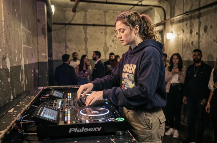 Femme DJ française en performance live dans un club underground parisien, créant son univers sonore unique devant le public