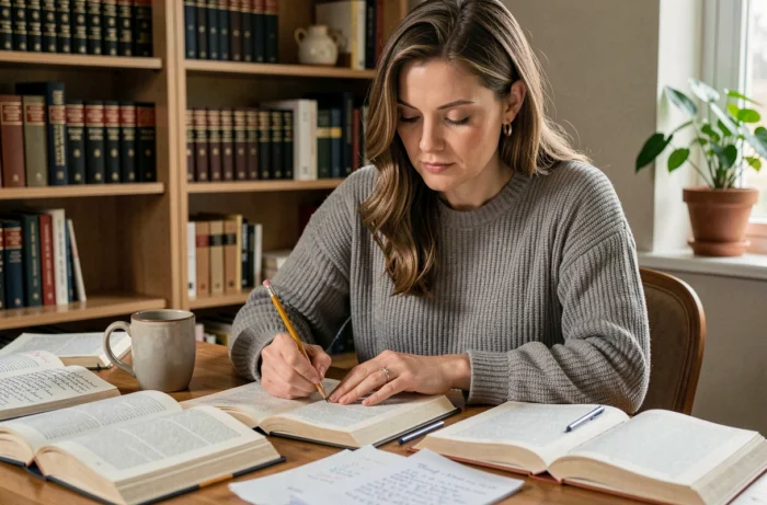 Femme étudiant la grammaire française avec des livres ouverts et des notes manuscrites sur un bureau en bois