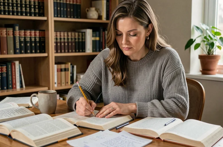 Femme étudiant la grammaire française avec des livres ouverts et des notes manuscrites sur un bureau en bois