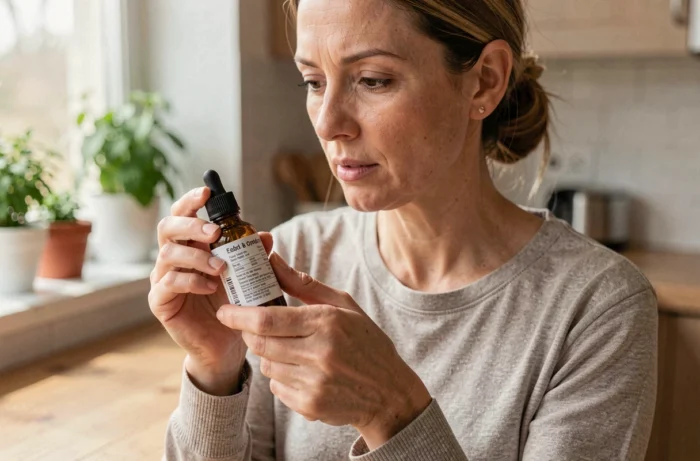 Femme tenant un flacon de gouttes phytothérapeutiques dans une cuisine, évoquant l'utilisation de Climaxol pour la gestion du poids