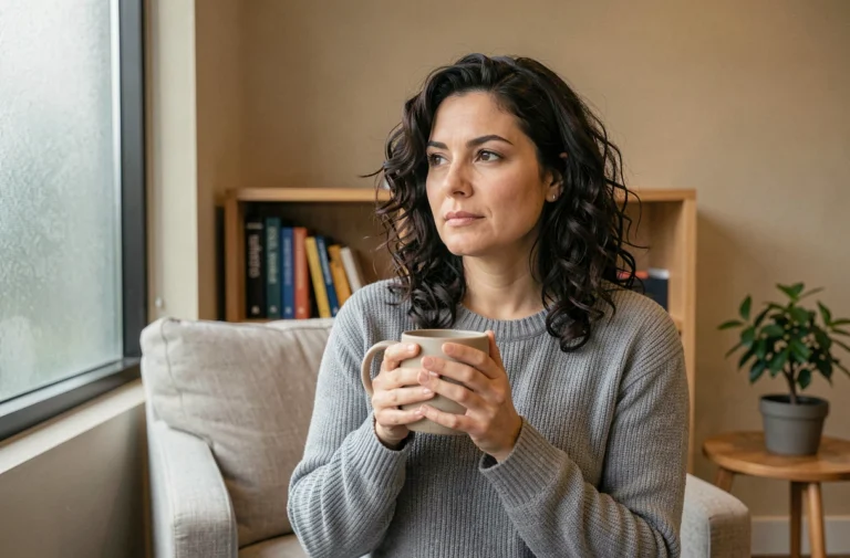Femme introspective tenant une tasse dans un cabinet de psychologie moderne avec des livres en arrière-plan