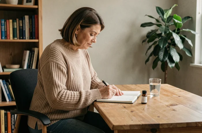 Femme notant ses résultats dans un journal de bien-être avec un flacon de compléments naturels, en lien avec le suivi de poids Climaxol