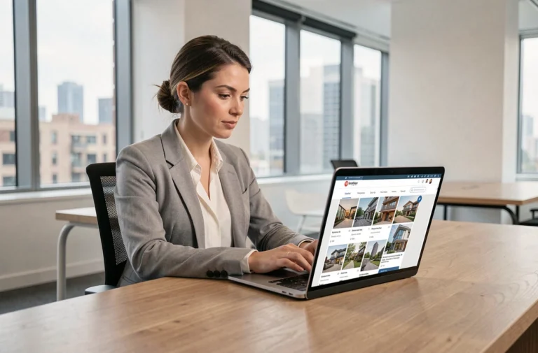 Femme professionnelle naviguant sur un site immobilier depuis son bureau moderne avec un ordinateur portable