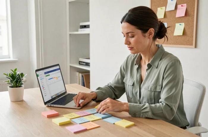 Femme organisant ses tâches avec un outil de gestion de projet sur ordinateur portable dans un bureau à domicile moderne