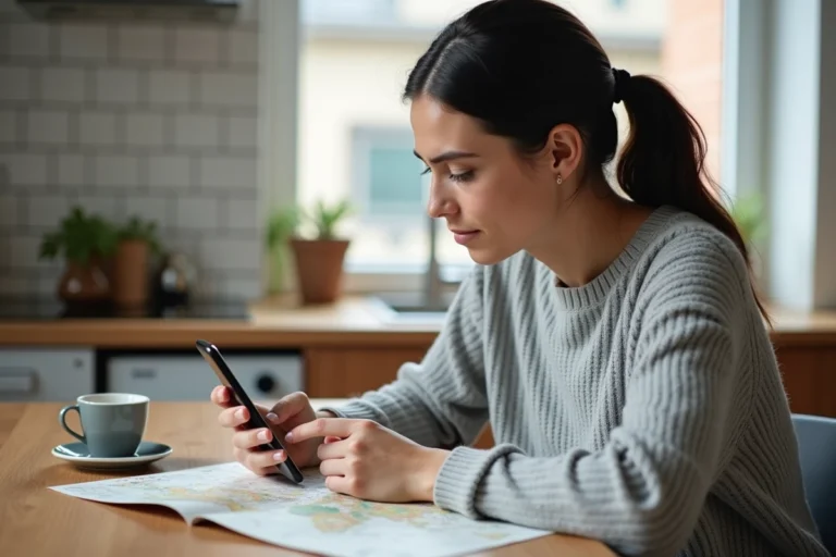 Femme utilisant un service IA sur smartphone pour planifier un itinéraire de voyage à la table de sa cuisine