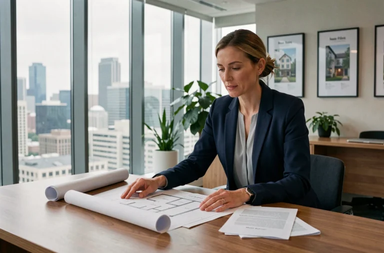 Femme professionnelle examinant des documents immobiliers dans un bureau moderne avec vue sur la ville