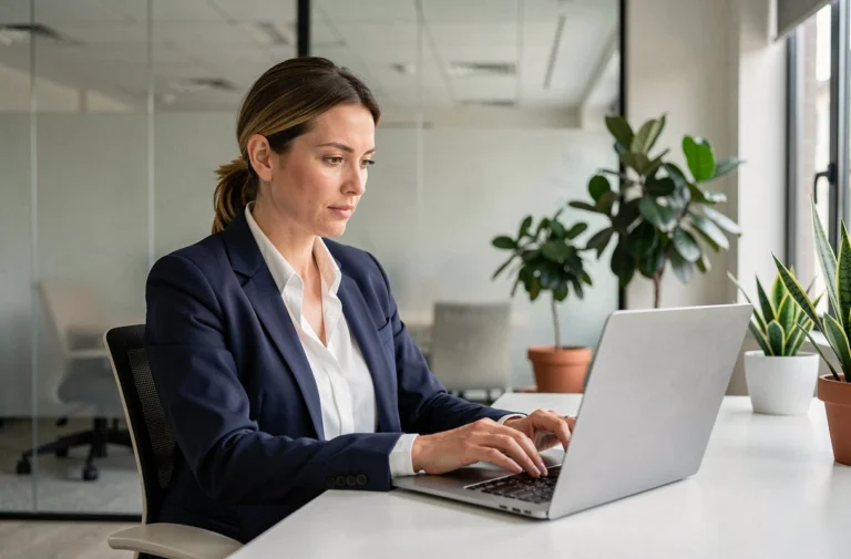 Femme professionnelle recherchant l'adresse d'un siège social sur son ordinateur portable dans un bureau moderne